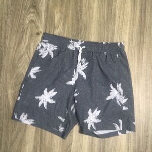 Tropical Gray and White Board Shorts with Palm Tree Pattern